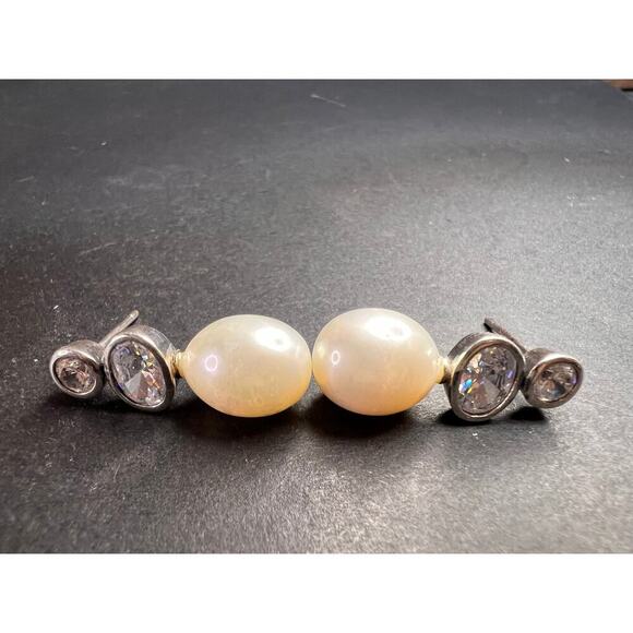 Cultured pearl and CZ sterling silver drop earrings - Picture 10 of 14